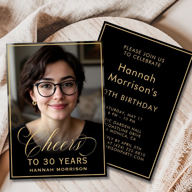 Black & Gold Birthday Cheers to 30 Years Photo Invitation (Creator Uploaded)