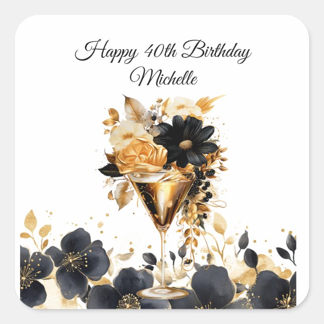 Black Gold Birthday Party Cocktails Drink Florals  Square Sticker (Front)