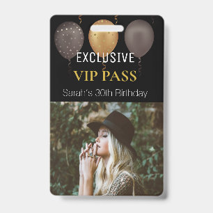 Black Gold Birthday Party Photo Custom Pass VIP ID Badge