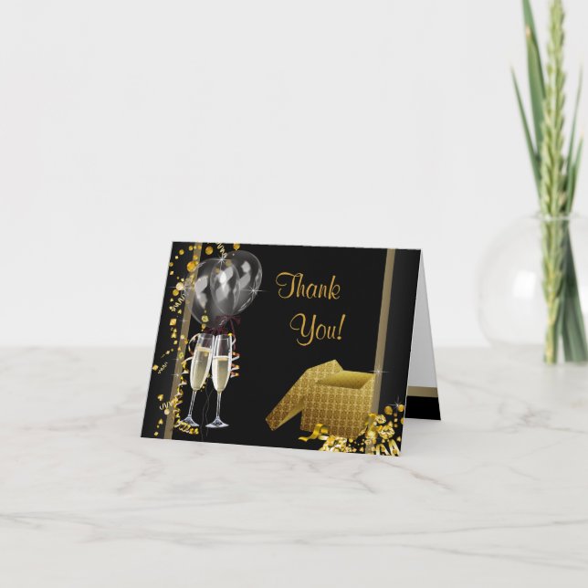 Black Gold Birthday Party Thank You Card (Front)