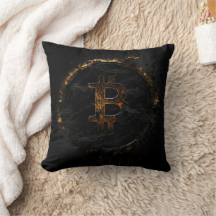 Black gold bitcoin logo in golden circle cushion