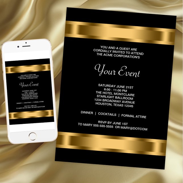 Black Gold Black Corporate Party Event Invitation (Black and gold corporate event invitation with beautiful gold bands. For Instant download and print.)