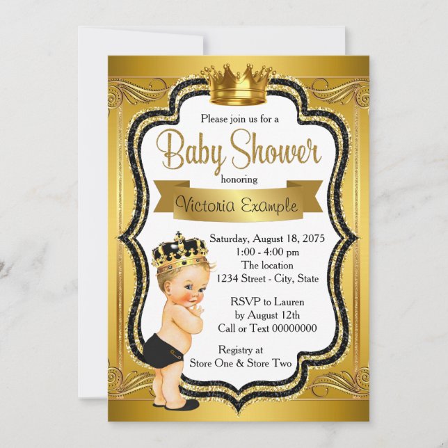 Black Gold Blonde Prince Baby Shower Invitation (Front)