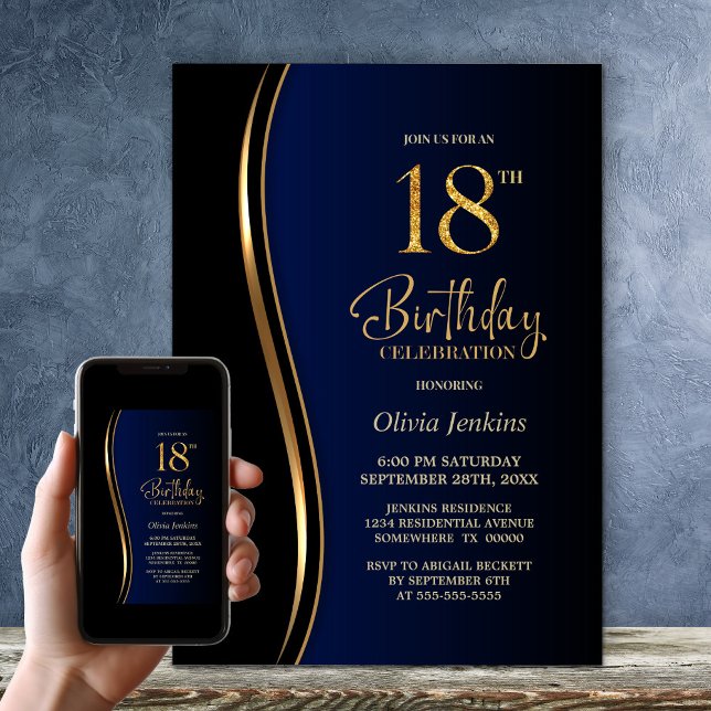 Black Gold Blue 18th Birthday Party Invitation (Creator Uploaded)