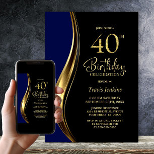 Black Gold Blue 40th Birthday Party Invitation
