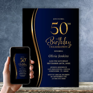 Black Gold Blue 50th Birthday Party Invitation