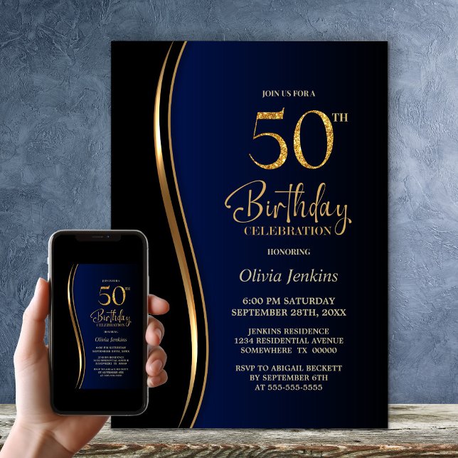 Black Gold Blue 50th Birthday Party Invitation (Creator Uploaded)