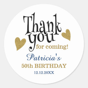 Black Gold Blue 50th Birthday Thank You Favour Classic Round Sticker
