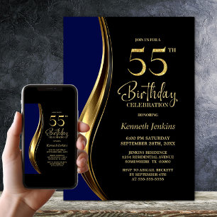 Black Gold Blue 55th Birthday Party Invitation