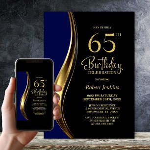 Black Gold Blue 65th Birthday Party Invitation