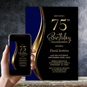 Black Gold Blue 75th Birthday Party Invitation