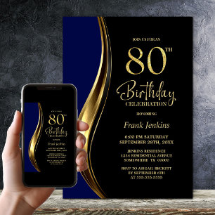 Black Gold Blue 80th Birthday Party Invitation