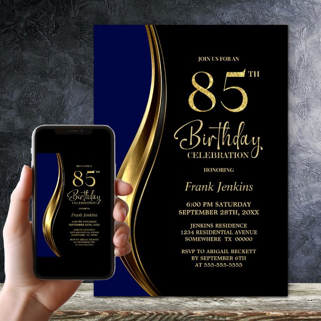 Black Gold Blue 85th Birthday Party Invitation (Creator Uploaded)