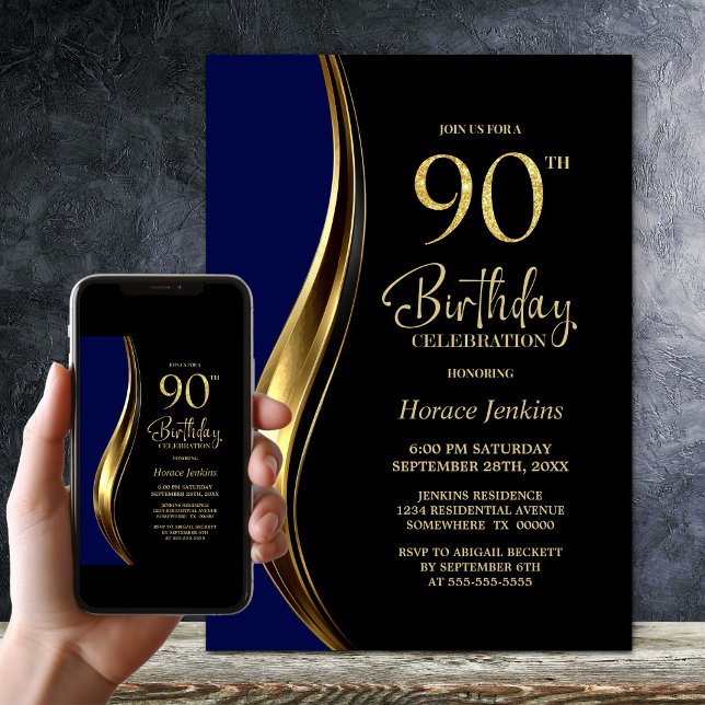 Black Gold Blue 90th Birthday Party Invitation (Creator Uploaded)