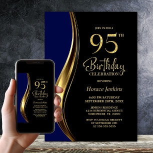 Black Gold Blue 95th Birthday Party Invitation