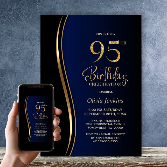 Black Gold Blue 95th Birthday Party Invitation (Creator Uploaded)