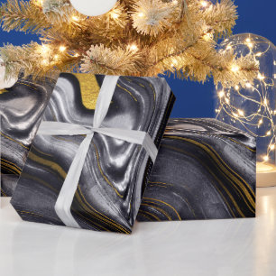 Black gold blue agate marble look luxurious party wrapping paper