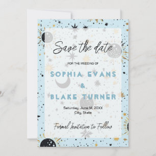Black, Gold, Blue Celestial Wedding Save the Date  Invitation