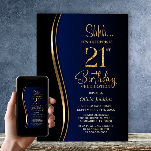 Black Gold Blue Surprise 21st Birthday Invitation (Creator Uploaded)