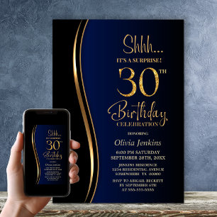 Black Gold Blue Surprise 30th Birthday Invitation