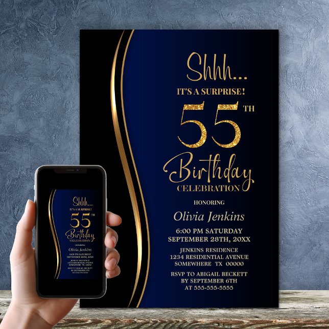 Black Gold Blue Surprise 55th Birthday Invitation (Creator Uploaded)
