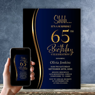 Black Gold Blue Surprise 65th Birthday Invitation