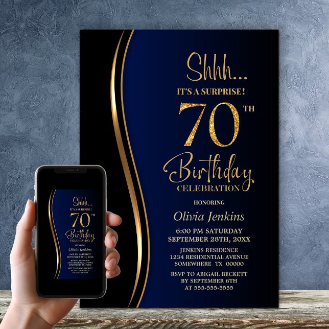 Black Gold Blue Surprise 70th Birthday Invitation (Creator Uploaded)