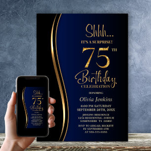 Black Gold Blue Surprise 75th Birthday Invitation