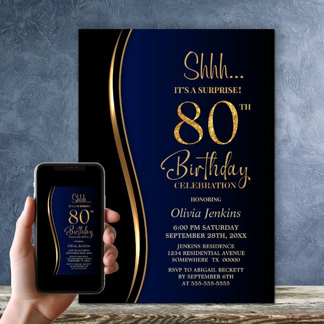 Black Gold Blue Surprise 80th Birthday Invitation (Creator Uploaded)