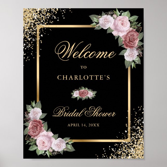 Black Gold Blush Floral Bridal Shower Welcome Sign (Front)
