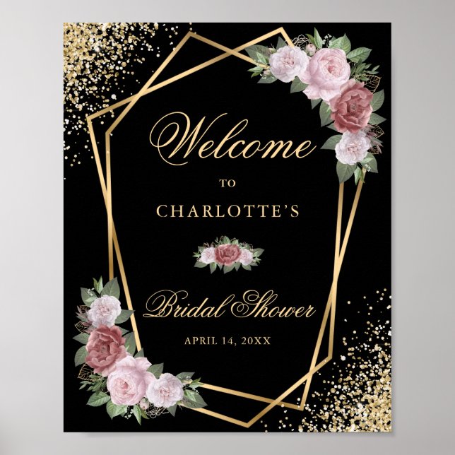 Black Gold Blush Floral Bridal Shower Welcome Sign (Front)