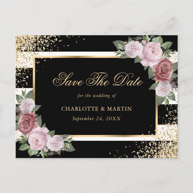 Black Gold Blush Floral Wedding Save The Date Announcement Postcard (Front)