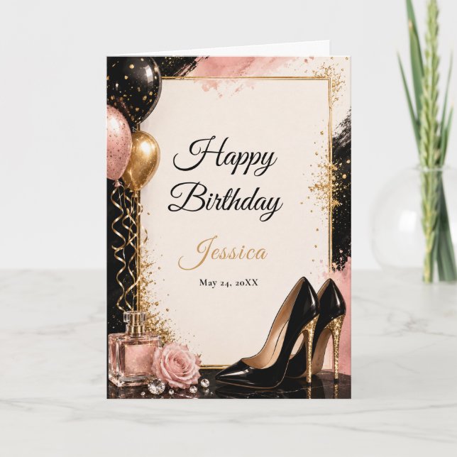 Black Gold Blush Glam Birthday Card (Front)