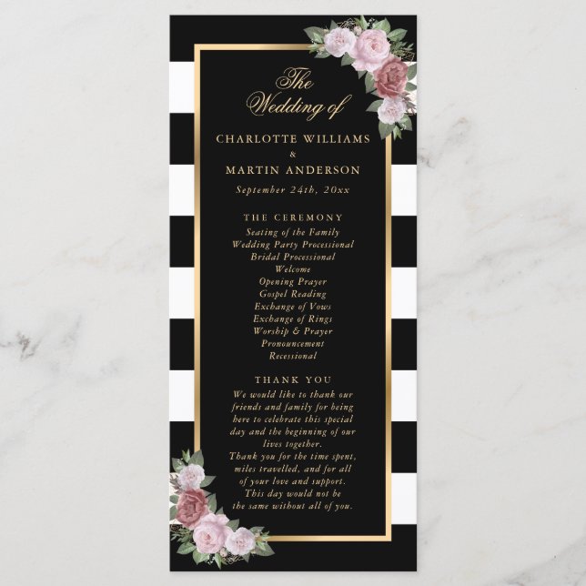 Black Gold Blush Pink Floral Wedding Program Programme (Front)