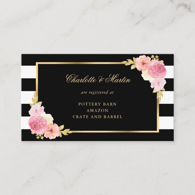 Black Gold Blush Pink Floral Wedding Registry Enclosure Card (Front)