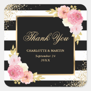 Black Gold Blush Pink Floral Wedding Thank You Square Sticker