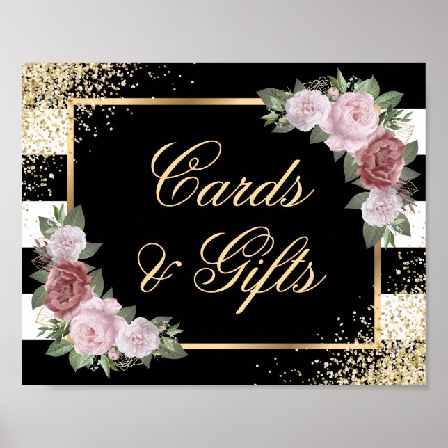 Black Gold Blush Pink Wedding Cards and Gifts Sign (Front)