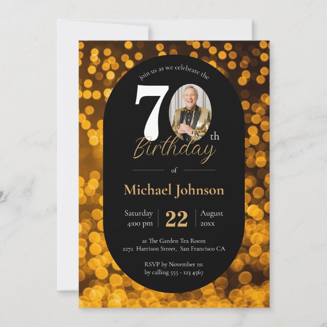 Black Gold Bokeh Photo 70th Birthday Invitation (Front)