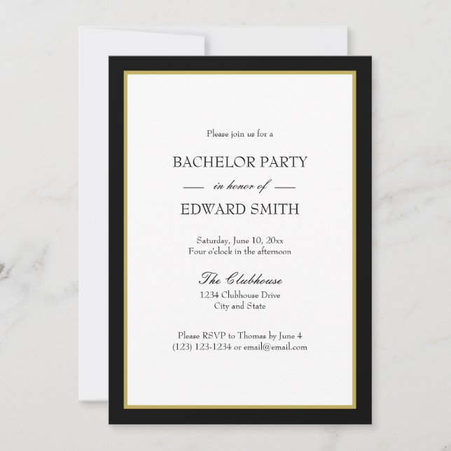 Black Gold Border Bachelor Party Invitations (Front)