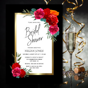 Black Gold Border Burgundy Floral Bridal Shower Invitation