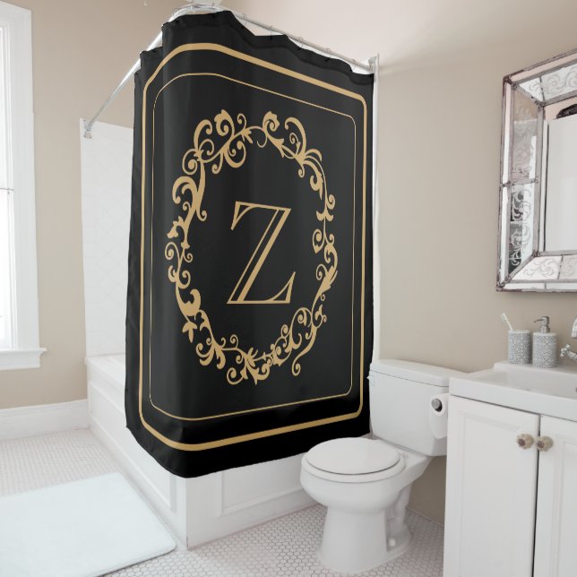 Black Gold Border Design Monogram Letter  Shower Curtain (In Situ)