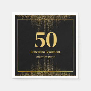 Black Gold Border Glitter Modern 50th Birthday Napkin