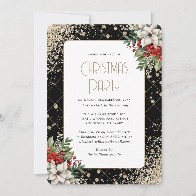 Black Gold Botanical Christmas Party Invitation (Front)