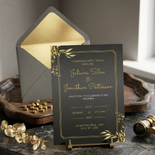 Black Gold Botanical Foliage Elegant Glam Wedding Invitation