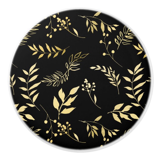 Black & Gold Botanical Glamour Glam Chic Leaves Ceramic Knob (Front)