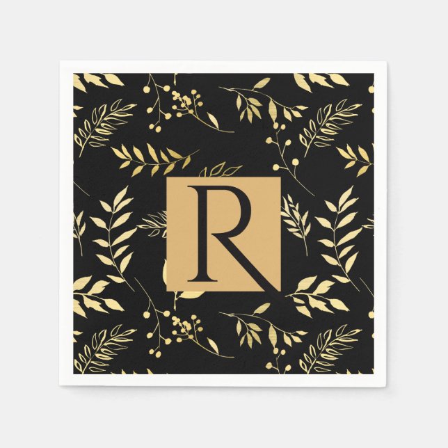 Black & Gold Botanical Glamour Wedding Monogram Napkin (Front)