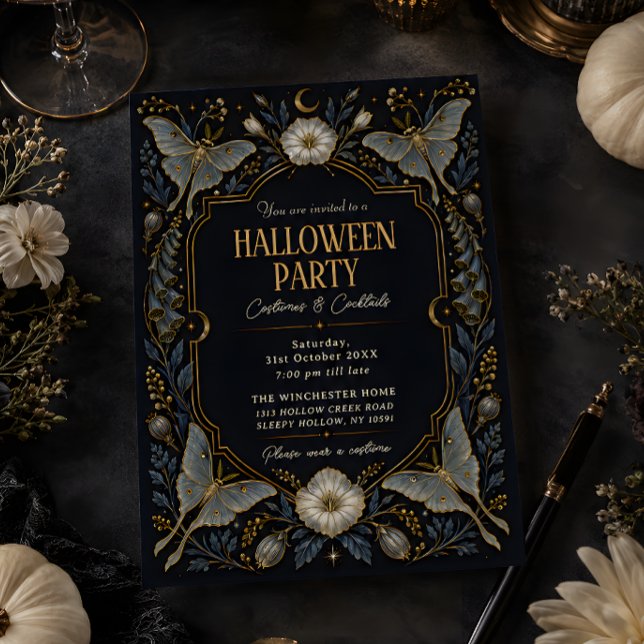 Black Gold Botanical Halloween Party Invitation (Creator Uploaded)