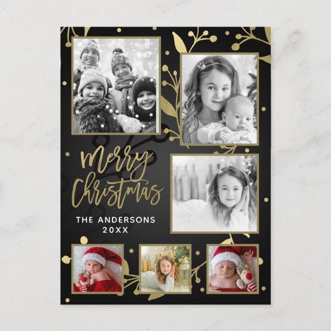 Black & Gold Botanical Merry Christmas 6 Photo Holiday Postcard (Front)