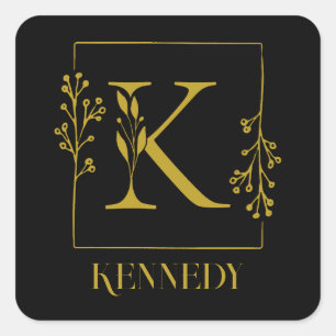 Black & Gold Botanical Monogram Letter K   Square Sticker