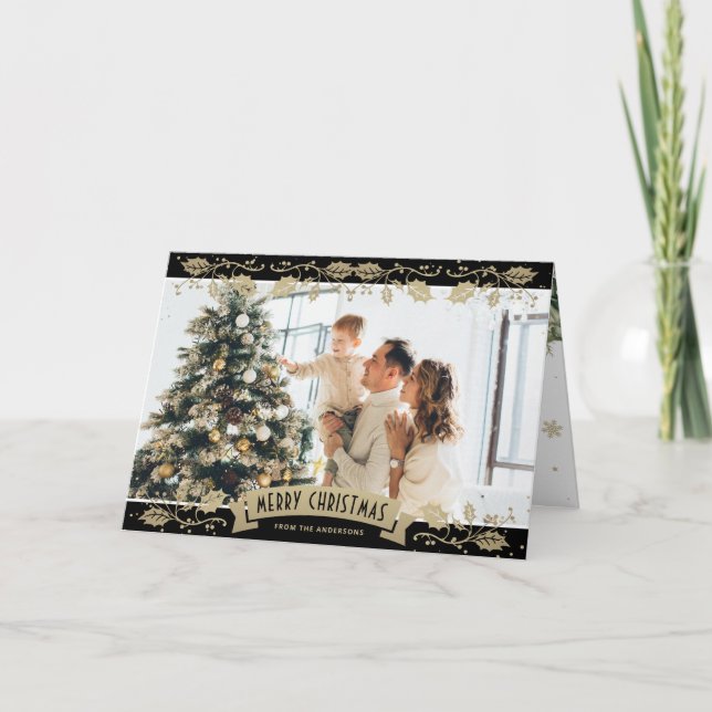 Black Gold Botanical Photo Christmas Card (Front)